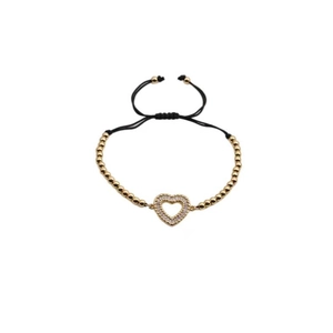 Adjustable black woven bracelet with gold beads and heart zircon pendant for women