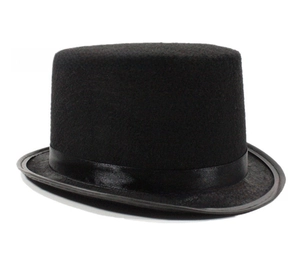 Detail of black felt top hat showing the satin ribbon and curved brim for magicians