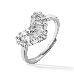 Detail shot of silver heart ring with baguette and round cut micro-pave zircons