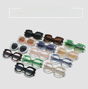 Detailed grid view of irregular geometric sunglasses in assorted trendy frame colors