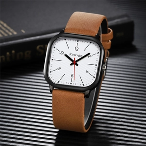 British style square dial quartz watch with brown leather strap and white numeric face