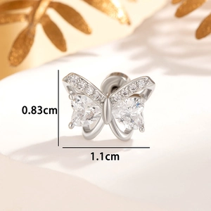 Elegant silver butterfly stud earring with zircon inlay, dimensions 0.83cm by 1.1cm