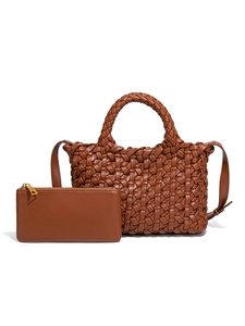 Brown woven leather tote bag with matching zippered pouch and adjustable shoulder strap