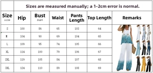 Tableau des tailles pour ensemble haut sans manches et pantalon imprimé, du S au 3XL
