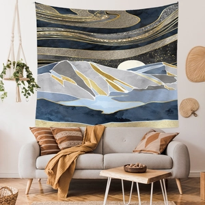 Detail of modern abstract landscape tapestry in blue, gold, and grey for living room wall
