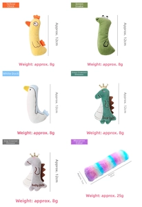 Size comparison chart for plush catnip toys including chicken, snake and dinosaur variants