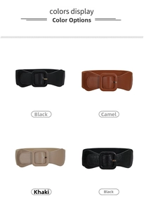 Detailed view of elastic wide belts with square buckles in black, camel, and khaki colors