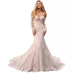 Elegant off-shoulder mermaid lace wedding dress with long sleeves and cathedral train
