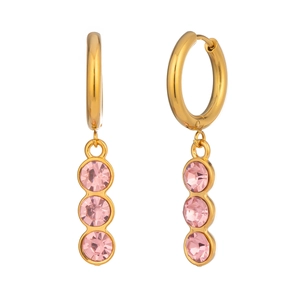 Detailed view of gold plated hoop earrings with three pink round faceted crystals