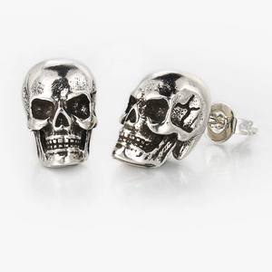 Hip hop vintage silver skull stud earrings with gothic punk style and detailed carving