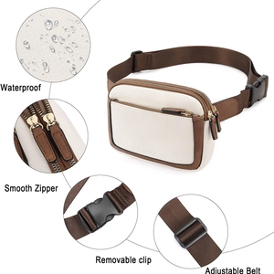 Waterproof faux leather belt bag in beige and brown with adjustable strap and dual zippers