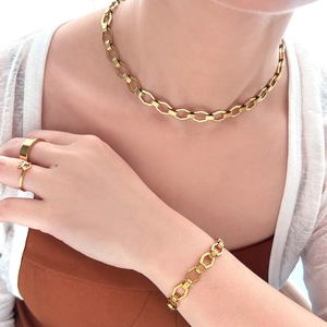 Luxury Stainless Steel 18K Gold Plated Geometric Hexagonal Chain Jewelry Set Greek Key Pattern Necklace Bracelet For Women