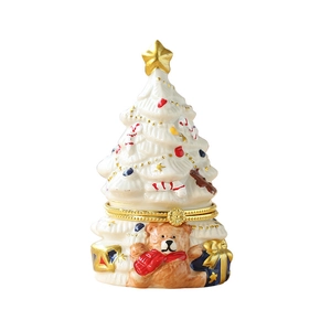 Ceramic Christmas tree jewelry box with teddy bear and golden hinge detail