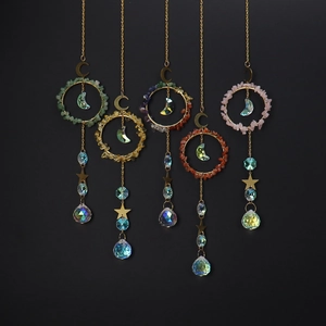 Suncatcher Crystal Moon Star Hanging Ornament Handmade Natural Stone Agate Rainbow Prism Home Decor