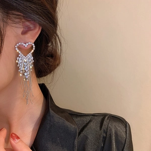 Elegant silver heart fringe earrings with sparkling crystals for a luxury party look