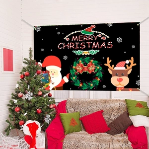 Christmas banner backdrop with Santa and reindeer hanging in a cozy living room scene