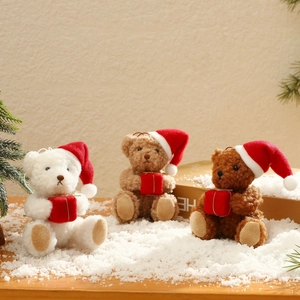 Christmas Plush Teddy Bear Ornament Cute Mini Bear Pendant With Santa Hat Gift Box For Xmas Tree Decor