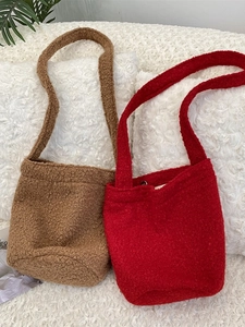 Sacs seau en laine d'agneau peluche marron et rouge, sacs à bandoulière pour l'hiver