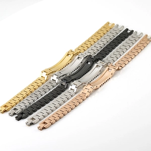 Detail showing four colors of stainless steel watchband style bracelets in 18k gold and silver