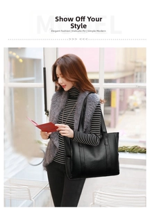 Detail of minimalist black PU leather tote bag showing large capacity and side pocket