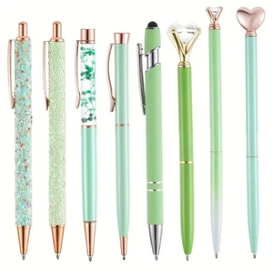 8-piece set of mint green and silver ballpoint pens with glitter and crown accents