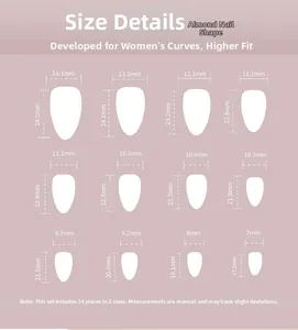 Detailed size chart for almond shape press-on nails including dimensions for 24 pieces