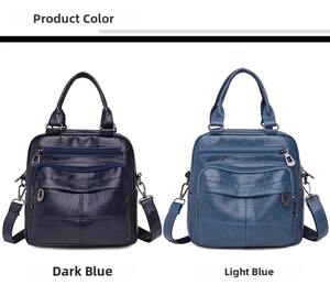 Dual view of soft leather handbags in dark and light blue with multiple pockets