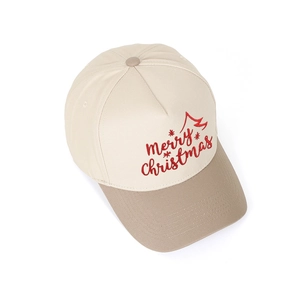 Detailed top view of Merry Christmas embroidery on beige and khaki baseball cap