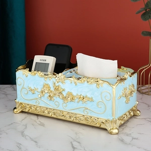 European light luxury light blue marble pattern tissue box with gold floral relief