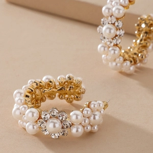 Baroque style C-shaped hoop earrings with pearls and rhinestones on gold metal base