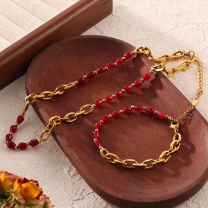 Vintage New Chinese Style Titanium Steel Gold Plated Agate Jewelry Set With Pomegranate Seed Pendant Necklace And Bracelet