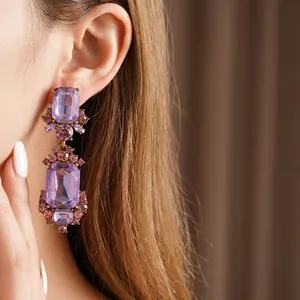 Vintage geometric square drop earrings with purple crystals and gold-plated finish for women