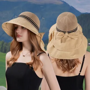 Women Sun Protection Hat Large Brim With Neck Flap Shawl Breathable Polyester Outdoor Hiking Beach Bow Decor Striped
