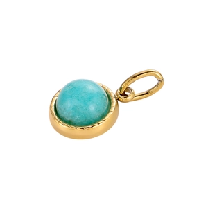 Detailed close-up of sky blue natural stone pendant with gold plated stainless steel frame