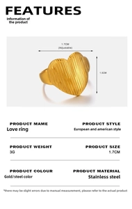 Detail showing dimensions of a gold heart-shaped stainless steel ring with striped texture