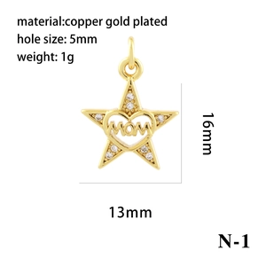 Detailed view of gold plated star pendant with MOM heart design and zircon accents