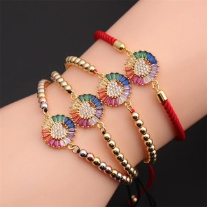 Adjustable Rainbow Heart Bracelet With Colorful Zircon Copper Beads Braided Rope Ethnic Style Jewelry For Women