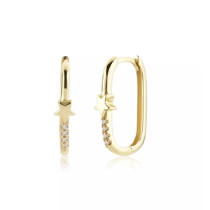 Detail of gold rectangular hoop earrings with star motif and micro-set zircon accents