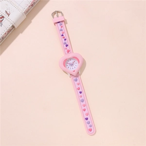 Pink heart-shaped children's watch with colorful embossed silicone strap for kids
