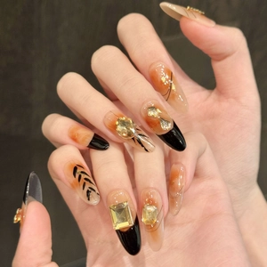 Long Almond Press On Nails Handmade Amber Marble French Luxury Gold Foil Rhinestone Butterfly Reusable Elegant