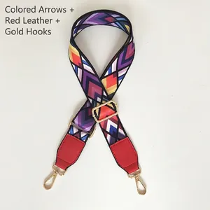 Detail of colorful geometric arrow woven strap with red leather ends and gold metal hooks