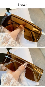 Macro detail of brown oversized rimless sunglasses with silver studs and white leather case