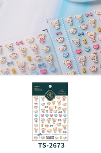 Detailed view of matte translucent nail stickers with cute bear patterns, model TS-2673