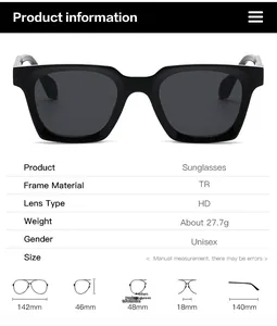 Detailed technical specifications chart for matte square frame UV400 sunglasses