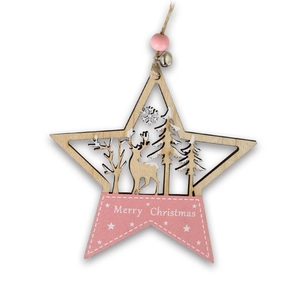 Étoile de Noël en bois rose et naturel avec motif renne et texte Merry Christmas