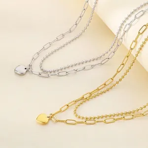 Double Layer Heart Pendant Necklace Stainless Steel Paperclip And Bead Chain Minimalist Jewelry For Women