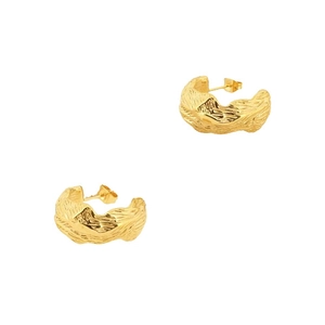Boucles d'oreilles vintage françaises en acier inoxydable doré à texture plissée en C