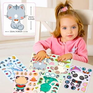 Detail view of cartoon animal face stickers showing a child playing and product dimensions
