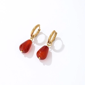 Elegant gold-plated hoop earrings with pear-shaped red agate stone pendants for women