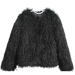 Detailed texture of black faux fur jacket showing fluffy sheep wool style long fibers